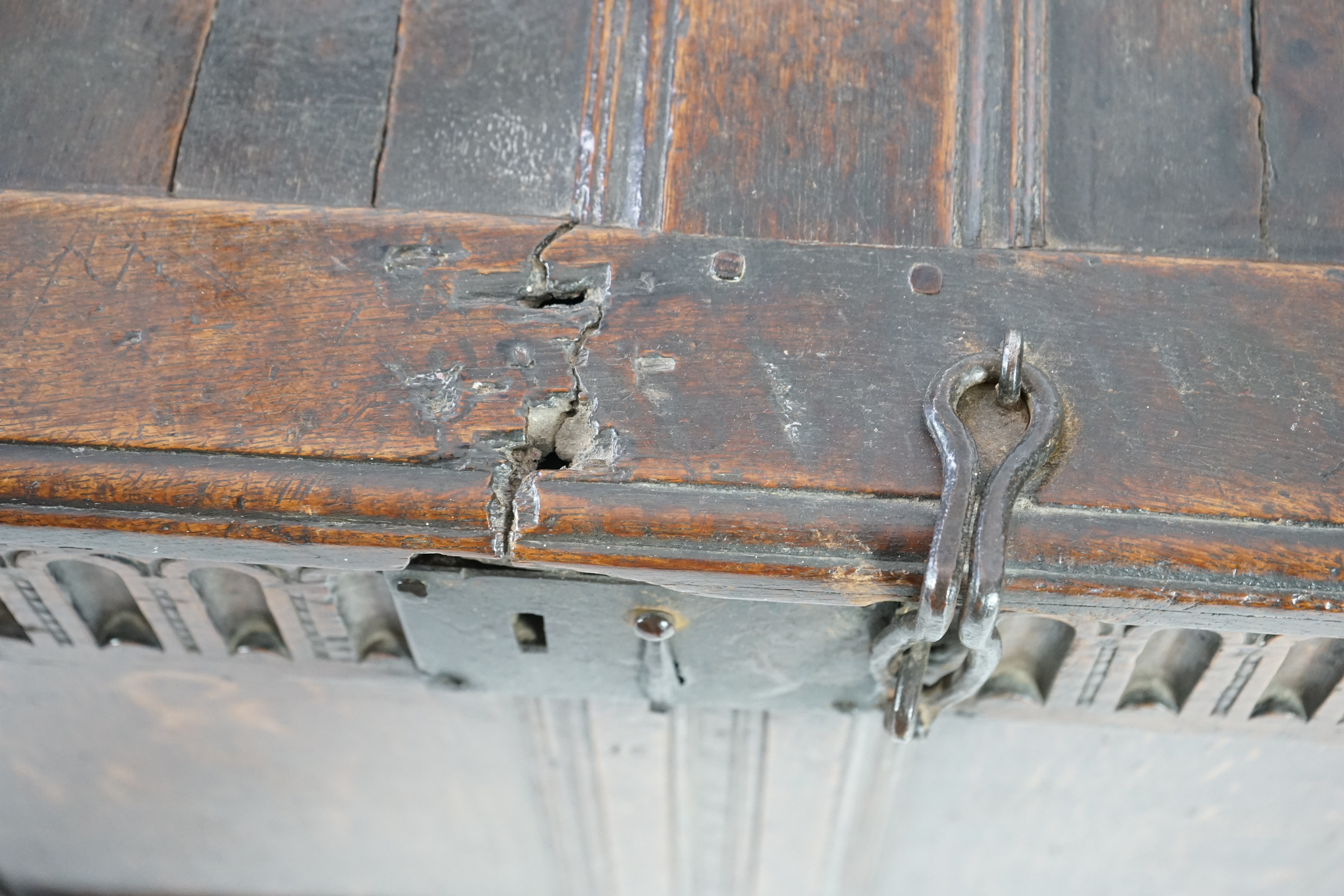 A 17th century panelled oak coffer